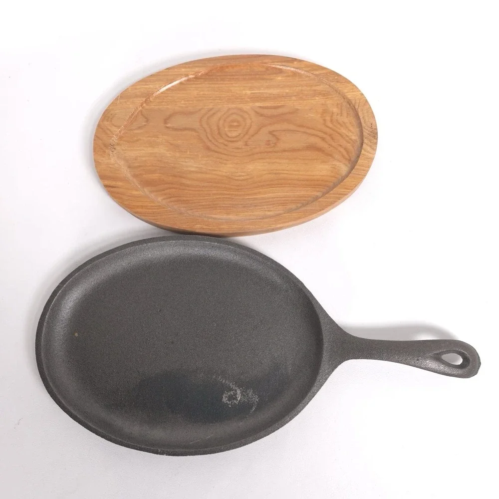 New Cast Iron Fajita Pan Oval with Wooden‎ Tray Fajita Plate Set